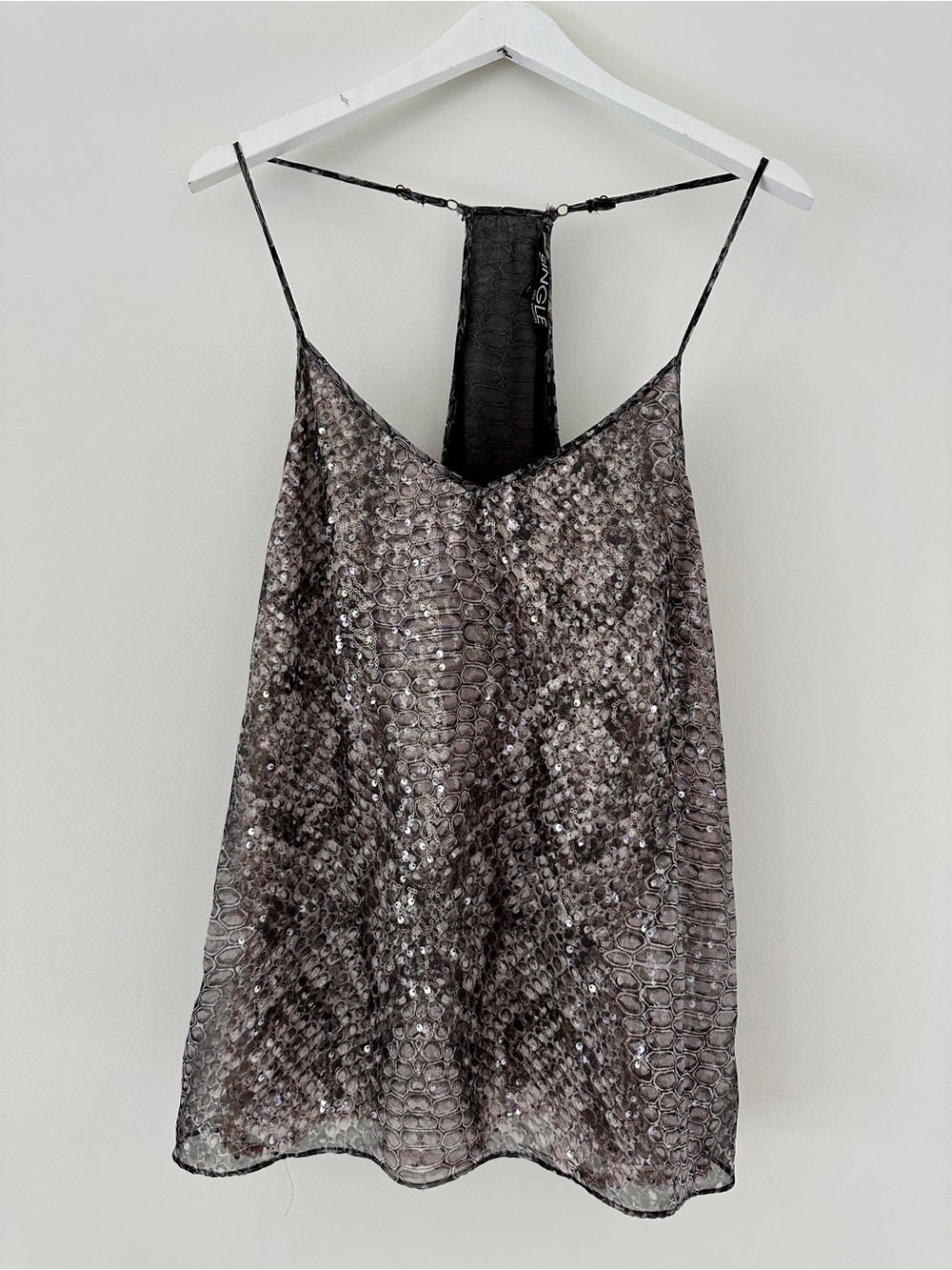 Silk and Sequin Python Snake-Print Cami Racerback Tank Top - Gray and Black